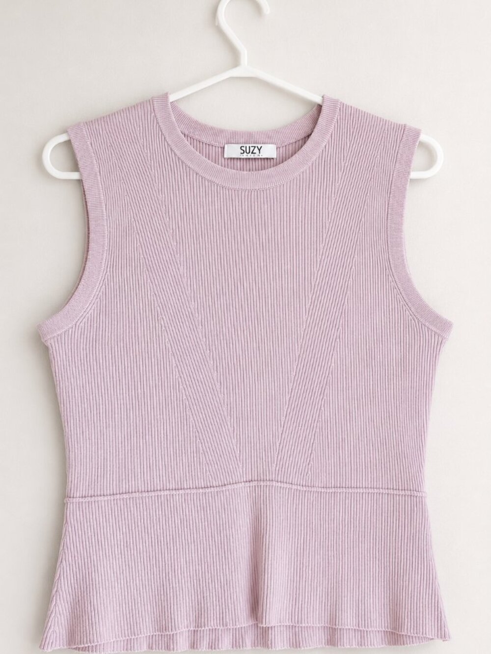 Suzy Shier Pink Ribbed Sleeveless Peplum Top Size L